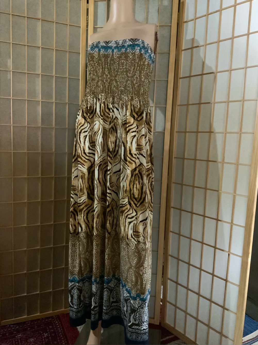 Mlle Gabrielle Strapless Smocked Maxi Dress in Brown, Teal & White